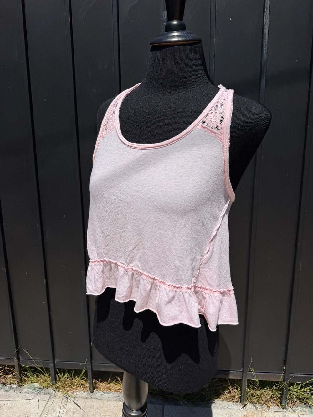 Vtg Y2K Hollister Pink Split Lace Racerback Ruffle Trim Crop Tank Top Size S